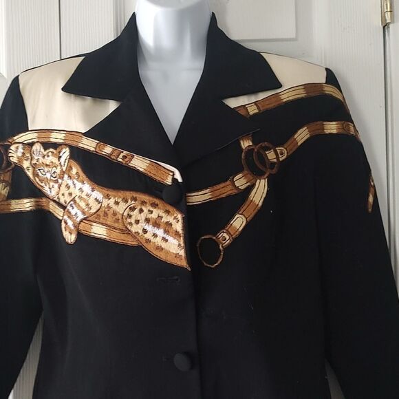 Privata Vintage  black gold cream leopard button down 100% wool blazer Sz 8 - Picture 2 of 7